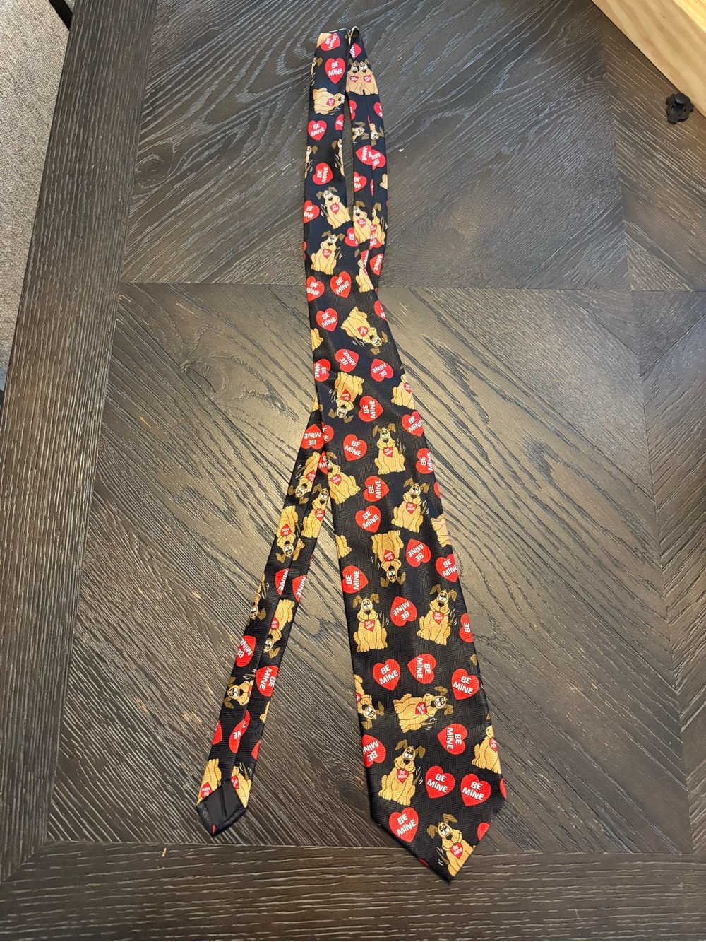 Black Novelty Tie with Red “Be Mine” Hearts and Dog Print